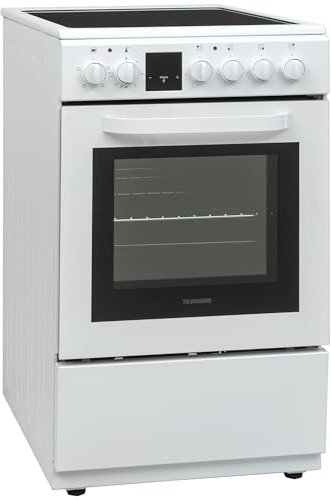 Telefunken Standherd mit Glaskeramik-Kochfeld | Elektroherd freistehend 50 cm breit | Herd mit Backofen und Kochfeld | 55 Liter | 5 Betriebsarten | 4 Kochzonen | LED-Display | EEK A | Weiß | BSHC55AI