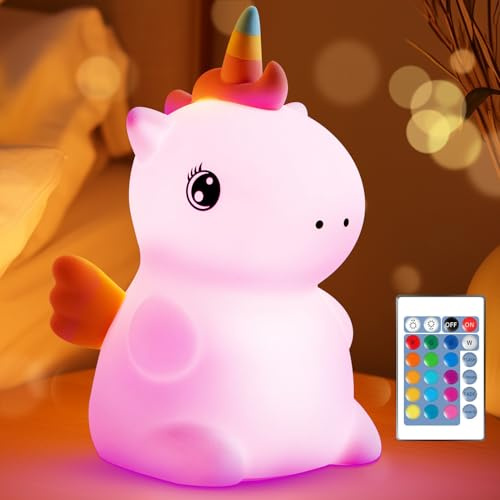 Pipihome Unicorn Gifts for Girls, Night Light with 16 Colours, Dimmable Table Lamp, Remote+Touch Control Bedside Rechargeable Lamps, Cute Unicorn Toys Bedroom Accessories