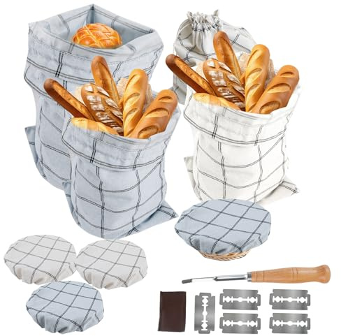 TALOEYH - Bread Making Supplies Tools, 4 PCS Linen Bread Bags with 4 PCS Bowl Cover, Baker's Knife with 5 Replacement Blades, Bread Baking Accessories for DIY Bread Baking