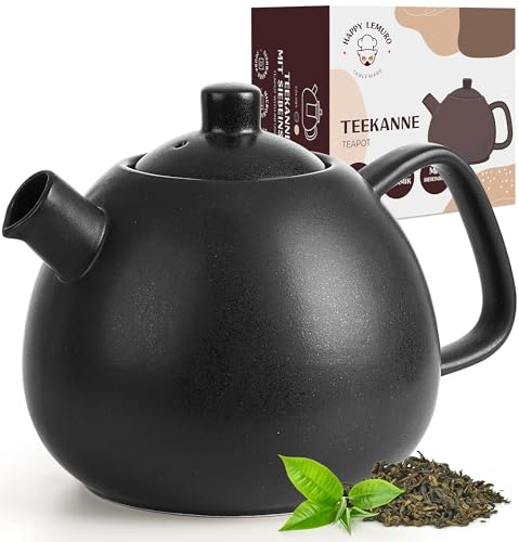 Happy Lemuro Stor tekanna med sil – 1,4 l – tekanna keramik – modern tekanna med sil för löst te, robust och aromneutralt (antracit)