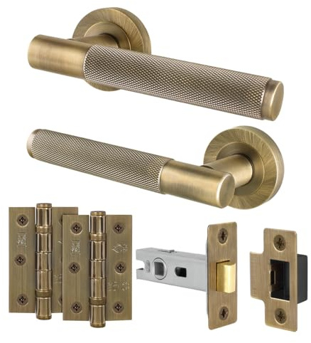 EAI Antique Brass Door Handles with Latch and Hinges, 1 Pack - Varri | Complete Latch Kit with 1 Pair of Door Handles, 64mm Latch, 76mm Hinges, Fixings Included