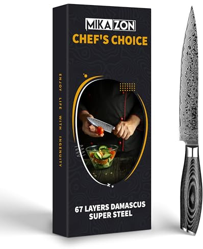 MIKAZON Damast Tranchiermesser - Professionelles 20.2 cm Schneidemesser mit 67-lagiger Stahlkonstruktion und Pakkaholzgriff in Geschenkbox