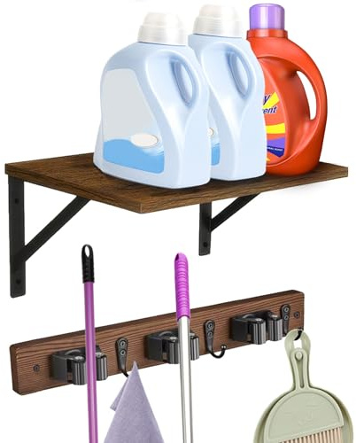 CQPRK Broom and Mop Organizer Wall Hanging with Cleaning Supplies Organizer Shelf Rustic Farmhouse Wood Broom Mop Holder Storage Rack for Laundry Room Garage (1, Brown)