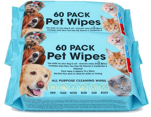 Pet Cleaning Wipes for Dogs and Cats, Alcohol Free Deodorizing Multi-Purpose Cleaning Pet Wipes Pack of 60 (120 WIPES)