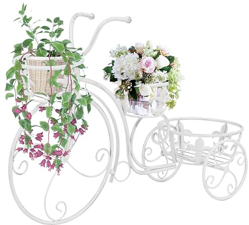 Scala per fiori a forma di bicicletta, stile vintage, in metallo, colore bianco anticato, con 3 supporti per balcone, terrazza, soggiorno, giardino, come scaffale decorativo per fiori e scale per