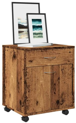 sephironlbb Rullcontainer, gammalt träutseende trämaterial 45 x 38 x 54 cm med lådor och förvaringsutrymme, mobilt arkivskåp med 4 hjul, låsbart, mångsidigt för kontor, vardagsrum och kök
