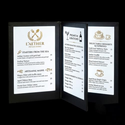 GLWABOMARS A4 Wiederaufladbarer LED Menühalter Vierseitig, Professioneller Beleuchteter Speisekartenhalter A4FourSide2Pack