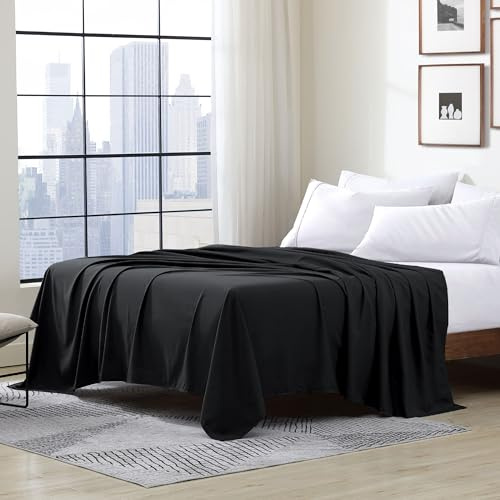 Cathay Home Hotel Luxury Wrinkle & Fade Resistant Double Brushed Ultra Soft Microfiber 1-Piece Single Flat Sheet - Black, Queen (90 x 102)
