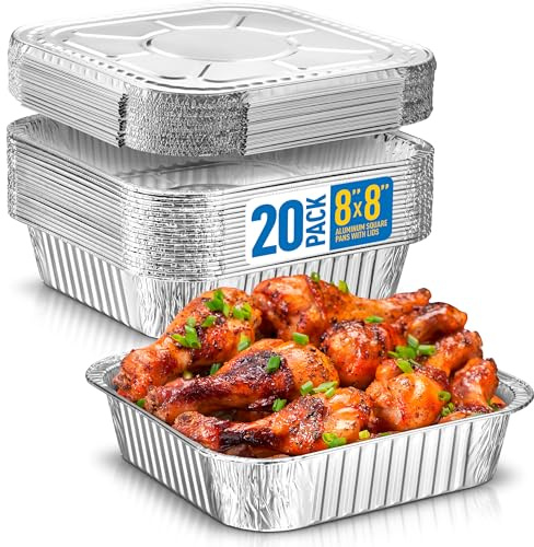 Plastible 8x8 Disposable Aluminum Pans With Lids - 20 Pack Foil Pans For Cooking, Baking Cakes, Roasting & Homemade Breads - Disposable Food Containers With Foil Lids