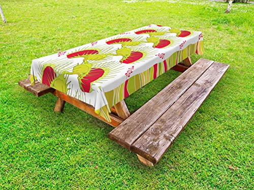 ABAKUHAUS Venere acchiappamosche Tovaglia da Esterno, Venere acchiappamosche e Strisce, Tovaglia da Picnic Lavabile Decorativa, 145 cm x 305 cm, Corallo Verde Mela