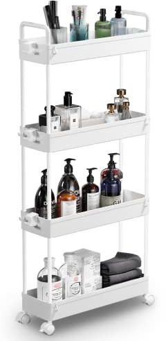 SOLEJAZZ Carrello portaoggetti a 4 ripiani Carrello scorrevole e scorrevole Carrello portaoggetti mobile per cucina, bagno, lavanderia, camera da letto, spazi stretti, plastica, bianco