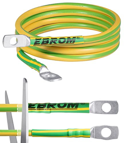 EBROM Erdungskabel 3 m Erdungsleitung H07V-K 16 mm² grün/gelb Erdungsleiter – Länge: 3 Meter + Kabelschuhe Ringöse M8 (8 mm) und M10 (10 mm) - Made in Germany - 16mm2 passend für Kreuzerder Staberder