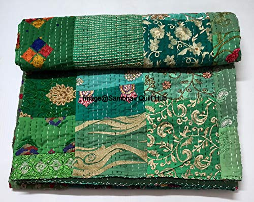Patchwork-Dekor, alte Vintage-Stickerei, Kantha-Steppdecke mit Kissen, Heimdeko, Khambadiya, Kantha-Steppdecke, King/Queen Kantha, Tagesdecke, Steppdecke mit 2 Kissenbezügen (grün, 274 x 274 cm)