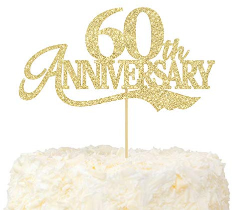 LOVENJOY 60th Anniversary Cake Topper Gold Glitter for 60 Years Wedding Anniversary Cake Decoration