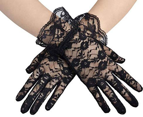 AWOCAN Damen Spitze Elegant Kurze Handschuhe für Hochzeit, Party, Tee Party, Prom und Abend - Schwarz, One Size