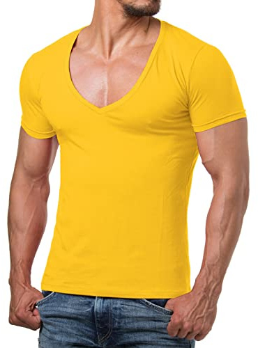 Re Rock Young & Rich - Camiseta para hombre, 12 colores, cuello en V, corte ajustado, monocolor, con cuello de pico, tallas S a 3XL, amarillo, S