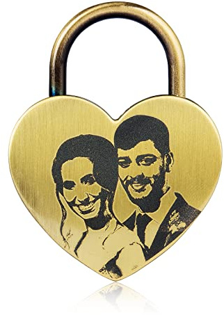 Personalised Love Heart Lock Engraved Photo Lock Heart Love Padlock with Key Custom Photo Padlock for Girls ​Couples Gift for Birthday Wedding (Photo Lock 1)