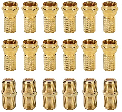 VooGenzek F-Type Connector Kit, F-Plug Set for Coaxial Cable Extension/Repair, with 12 PCS RG6 Plug Connector and 6 PCS Female Coupler, for Satellite TV Sky/Freesat/Virgin Media