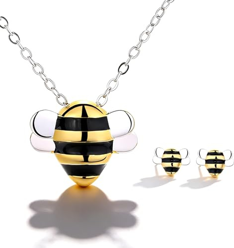 Newsmy Bee Jewellery Set for Women, Honeybee Necklace & Earrings (Silver Needle), Mothers Day Birthday Gifts for Mum Wife Teacher, Jewelry with Gift Box