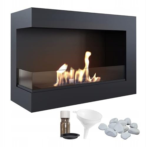 KRATKI Delta 700 Caminetto ad angolo sinistro a bioetanolo ciottoli imbuto set per aromaterapia Per montaggio a parete o ad incasso l Biocontenitore 0,75 l, TÜV Acciaio, 48 x 70 cm, nero