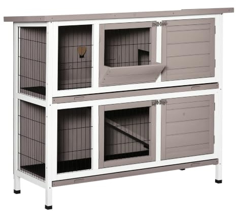 PawHut Cage pour Lapin 2 Niveaux 122 x 50 x 101cm Gris Blanc | Clapier en bois massif toit ouvert avec bacs coulissants 4 portes