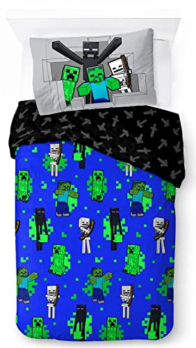 Jay Franco Minecraft Fight Back 100% Cotone Set Biancheria da Letto per Bambini 135 x 200 cm Dimensioni Letto Singolo - Copripiumino + Federa 50 x 70 cm