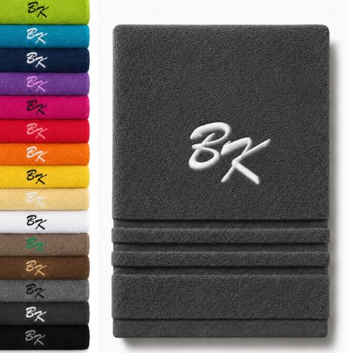 Pet-Jos Personalisiertes Badetuch mit Monogramm, wunderschön gestickte Buchstaben oder Namen, Monogramm-Badetuch, 100% Baumwolltuch (140 x 70 cm, grau)