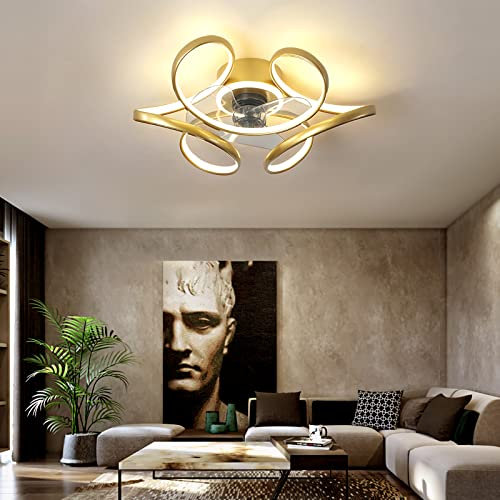 Modern Ceiling Fans with Lamps DC Reversible 6 Speed 40W Ceiling Fan Chandelier LED Dimmable Mute Ceiling Lights with Fan Winter Summer Mode for Bedroom Lounge Dining Room-Gold