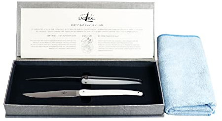 Palatina Werkstatt Laguiole - Coltelli da tavola stravaganti in bianco della collezione Signature - Progettato da Jean-Michel Wilmotte - Set da 2 + panno per lucidatura di alta qualità