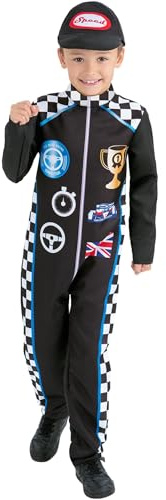 Smiffys Racing förarkostym med overall och mössa, maskeraddräkt för pojkar, utklädnad för barn