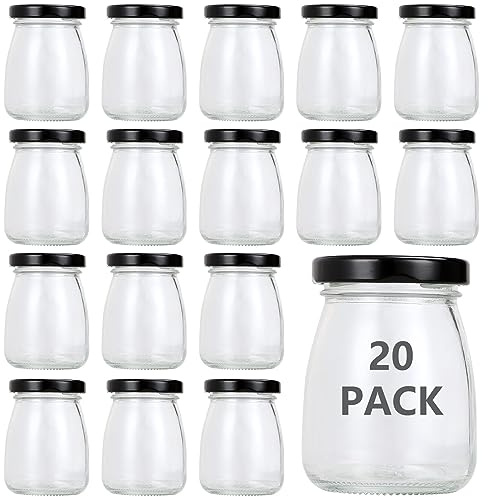 SENENQU 20 Pack 100ml/3.5oz Glass Jars with Black Lids, Mini Bottles and Cups for Pudding, Yogurt, Jam, Honey, Jelly, Mousse, Spice