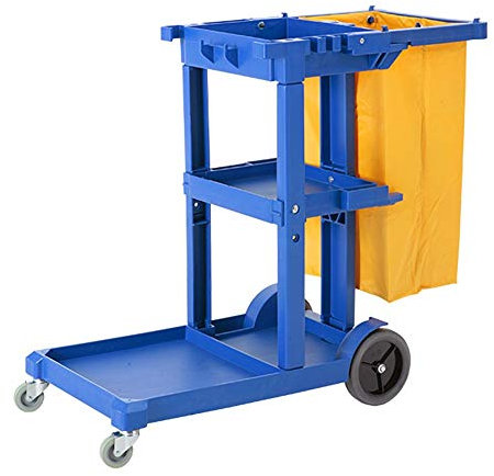 FLYIFE Movable Hand Trucks Janitor Cart Cleaning Trolley for Cleaning Company, Waterproof Plastic 3 Shelves Cleaning Linen Service Cart Mop Mount/Blue