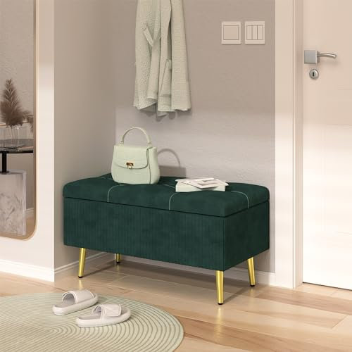 T Triple Maple Sitzbank mit Stauraum, 80cm T x 40cm B x 45cm H, Samt Bank mit Stauraum, für Schlafzimmer, Wohnzimmer, Flur und Kleidersaal, grün