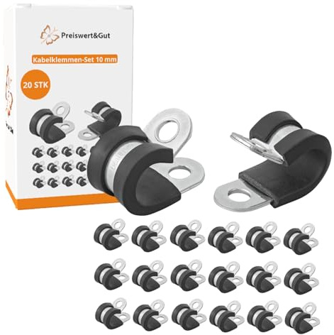 Preiswert&Gut 20x Kabelklemmen 10 mm - Robuste Kabelklemme aus Gummi und rostfreier Stahl, geeignet für Kabel mit 10 mm Durchmesser Schraubloch 6,5 mm ideales Kabelzubehör zum klemmen