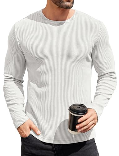 COOFANDY Long Sleeve Shirts for Men Thermal Underwear Fitted Sweater Lightweight Sweatshirt Crewneck Base Layers T-Shirts White