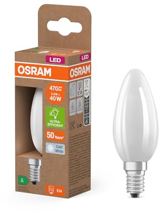 OSRAM Bombillas LED E14, en forma clásica de mini vela, 2,2 W / 470 lm, EEK A, luz blanca fría (4000 K), CRI 80, fabricada en vidrio esmerilado sin plomo, IP20, 35 mm de diámetro