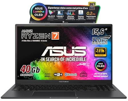ASUS Notebok Vivobook OLED Display 2,8K 15.6 2880x1620, Cpu Amd Ryzen 7 7730u, 8Core, Ram 40Gb, SSD 512Gb Nvme, Win11, wi-fi 6, webcam, Usb3.2, Hdmi, Bt5.3, Tastiera retroilluminata, Preconfigurato