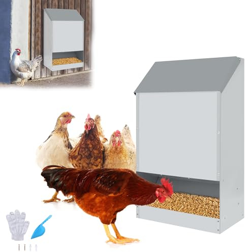 YRHome 23 kg Alimentador automático para pollos con tapa, comedero automático para pollos de acero galvanizado para aves de corral, pollos, patos, pavos
