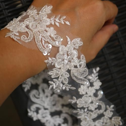 G-RUI 2 yard lyxiga pärlbroderade spetsapplikationer för bröllopsklänningar strass applikationslappar broderi spets parcher rep (benvit färg)