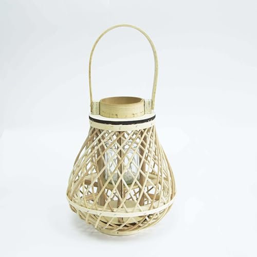 Rattan-Laterne mit Kerzenhalter aus Glas, 25 x 25 x 25 cm, Natur