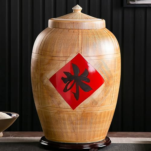 EKDJSN Ceramic Rice Bucket, Large Ceramic Rice Container, Dispenser, Food Storage Jar with Lid, Sealed Ceramic Rice Jar, Bucket Home Rice Storage Box, Ceramic Rice Cylinder(Natural B,50kg)