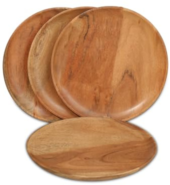 DEVLA Platos de carga de madera de acacia natural para cena (10 x 10 pulgadas), juego de 4 platos pequeños redondos de madera para uso en cocina, centros de mesa, bodas, fiestas, aniversarios, regalos