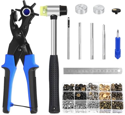 Tanstic 350Pcs Snap Fasteners Kit, Belt Hole Puncher, Leather Hole Punch, Leather Rivets, Metal Snap Buttons, Ruler, Rubber Hammer for Belts Bags Jackets Shoes DIY Craft