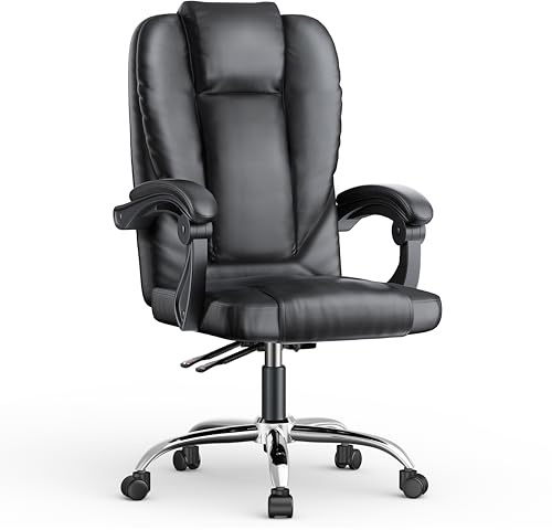 naspaluro Executive Ergonomic Office Desk Chair with Springs/Armrests, Comfy Big and Tall Leather Computer Work Chair, Heavy Duty Cross Legged Study Chairs, High Back Home Office Black Swivel Chair