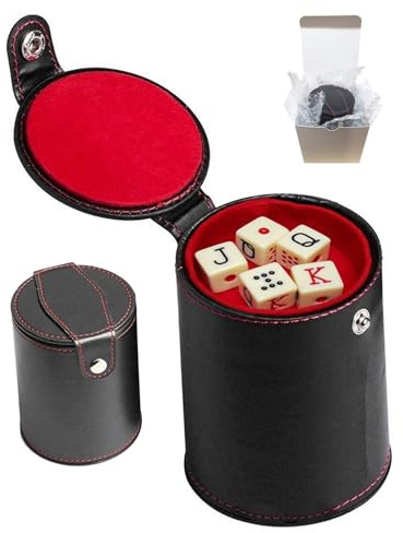 Stille Aufbewahrungs-Würfelbecher aus PU-Leder mit 5 spanischen JKQ-Würfeln aus Acryl, außen synthetisch, innen mit Plüschfilz ausgekleidet, aufsteckbares Bodenfach, zylindrisch, 6-seitiges Pip-Symbol