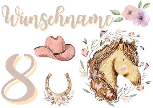 Personalisiertes Bügelbild Set für Textilien,Geburtstag,Wunschname,Wunschzahl,personalisiert,Kinder,Pferd,Western,Pferdemotiv,Floral,Boho,T-Shirts,DIY-Projekte,Geschenke,1,2,3,4,5,6,7,8,9,10...