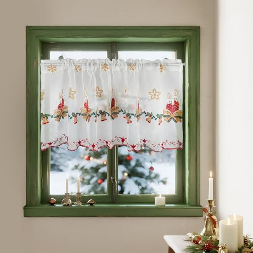 HiSnug Rideau brise-bise de Noël en voile, blanc, court, pour cuisine, café, taverne, transparent, l 180 x H 60 cm, 1 pièce