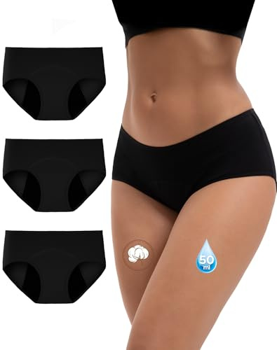 INNERSY Black Period Pants Heavy Flow Menstrual Knickers Cotton Washable Incontinence Panties 3 Pack (12, 3 Classic Black)