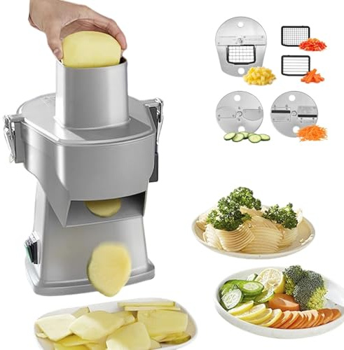 Cortadora y rebanadora eléctrica de verduras, procesadora comercial de verduras 4 en 1 for rebanar, triturar, cortar en cubitos y cortar en tiras, cortadora de papas fritas y picadora de verduras.