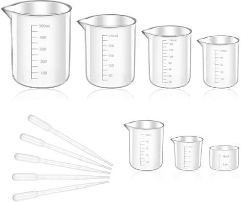 Small Measuring Jug 7 Pcs Small Plastic Measuring Jug with Droppers, Transparent Mini Liquid Measure Jugs Set 500ml, 250ml, 150ml, 100ml, 50ml, 25ml, 10ml
